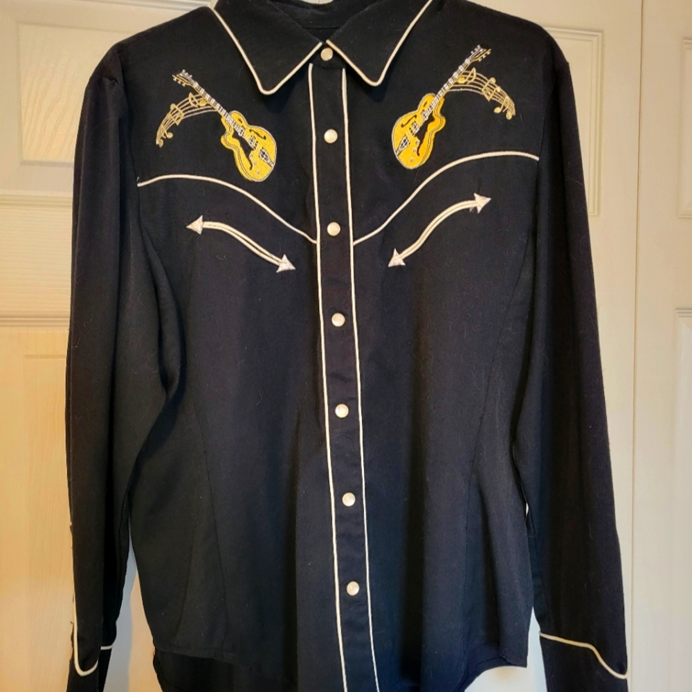 Scully Men's Black Western Shirt w/ Guitars and Pink Cadilac